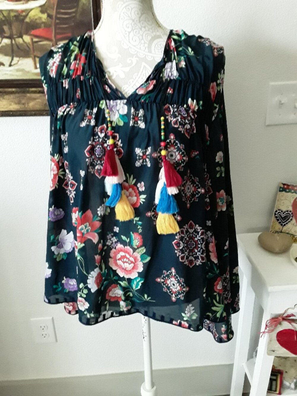 Johnny Was floral colorful teal bell sleeve top size S